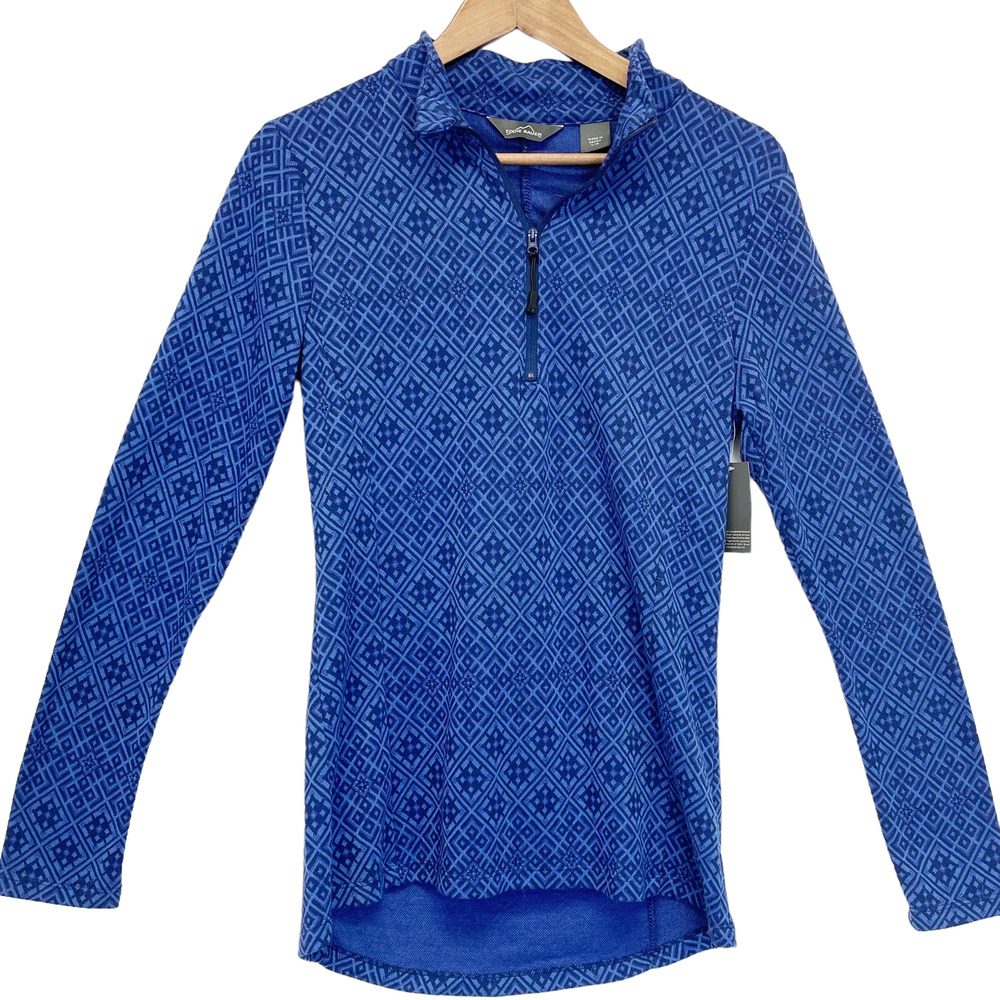 NEW Eddie Bauer 1/4 Zip Activewear Top Shirt Blue Geometric Long Sleeve Women L